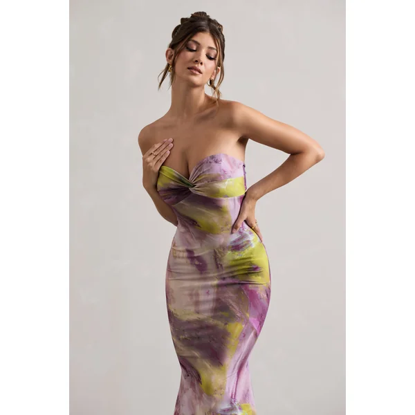 Santiago | Robe longue torsadée à imprimé lilas sans bretelles