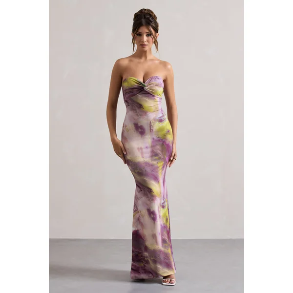 Santiago | Robe longue torsadée à imprimé lilas sans bretelles