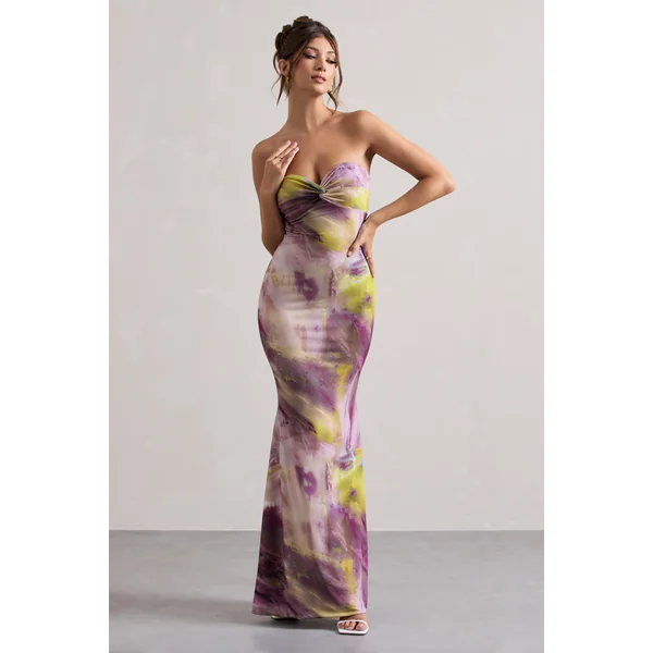Santiago | Robe longue torsadée à imprimé lilas sans bretelles