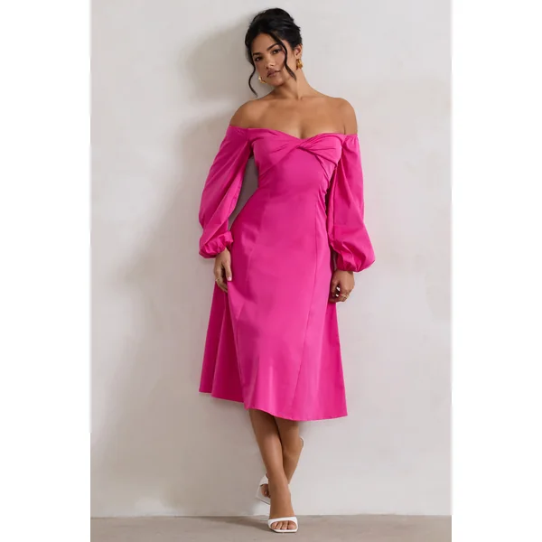 Santino | Robe mi-longue rose décolleté bardot torsadé et manches bouffantes