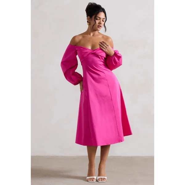Santino | Robe mi-longue rose décolleté bardot torsadé et manches bouffantes