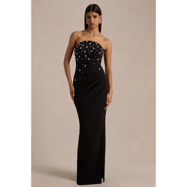 Saphira | Robe Longue Noire à Encolure Bandeau Ornée de Strass