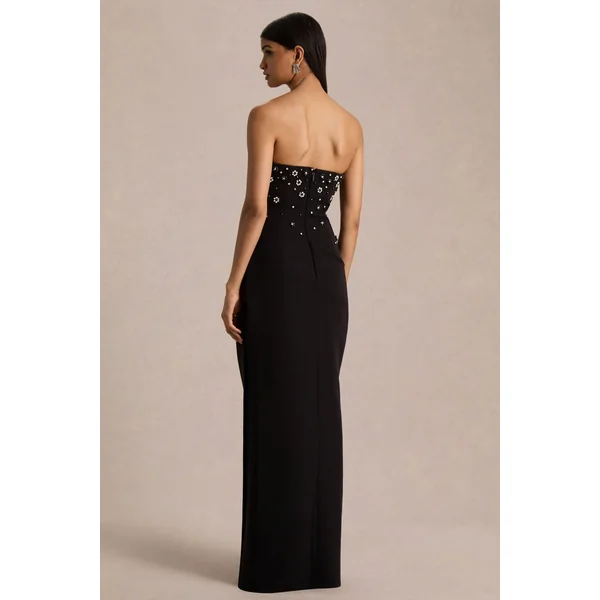Saphira | Robe Longue Noire à Encolure Bandeau Ornée de Strass