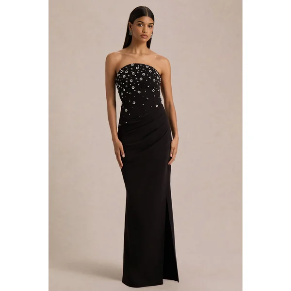 Saphira | Robe Longue Noire à Encolure Bandeau Ornée de Strass