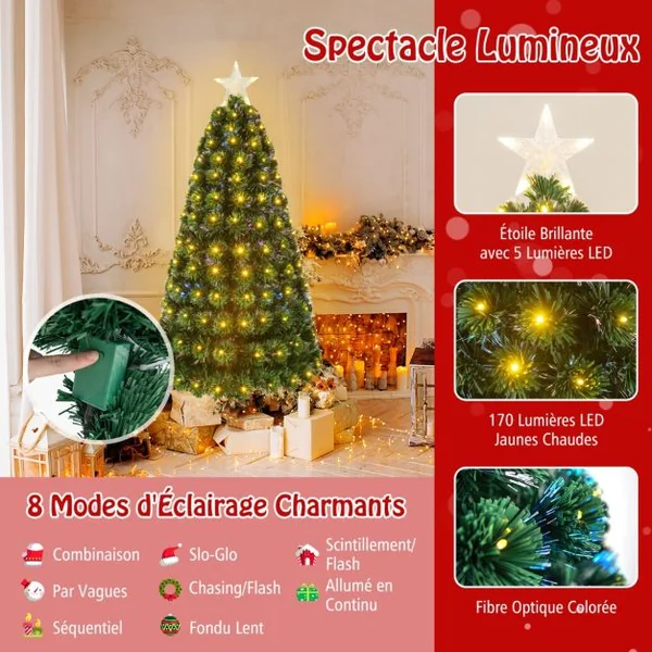 Sapin de Noël 150 cm Arbre de Noël Lumineux 170 LED 8 Modes d'Éclairage 170 Branches en PVC Étoile Lumineuse Fibres Optiques Décoration de Noël