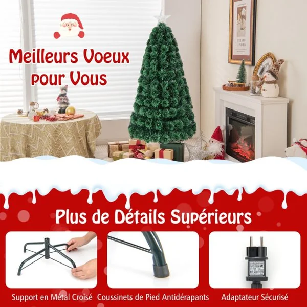 Sapin de Noël 150 cm Arbre de Noël Lumineux 170 LED 8 Modes d'Éclairage 170 Branches en PVC Étoile Lumineuse Fibres Optiques Décoration de Noël