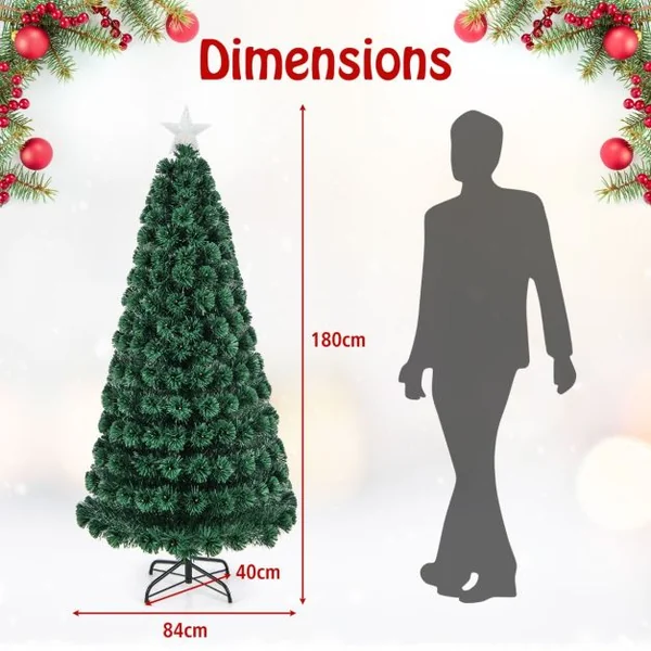 Sapin de Noël 180 cm Arbre de Noël Lumineux 230 LED 8 Modes d'Éclairage 230 Branches en PVC Étoile Lumineuse Fibres Optiques Vert