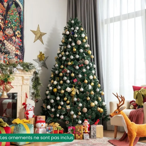 Sapin de Noël 180cm Pré-décoré avec 1000 Pointes Blanches des Feuilles d'Aiguilles Etoffée 63 Pommes de Pin Support en Métal