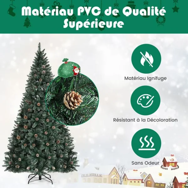 Sapin de Noël 180cm Pré-décoré avec 1000 Pointes Blanches des Feuilles d'Aiguilles Etoffée 63 Pommes de Pin Support en Métal