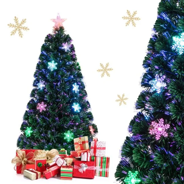 Sapin de Noël Artificiel 120 cm avec Lumières LED et Pied Arbre de Noël en PVC plastique métal avec flocon de neige, Vert