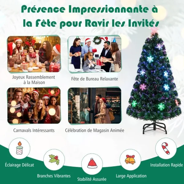 Sapin de Noël Artificiel 120 cm avec Lumières LED et Pied Arbre de Noël en PVC plastique métal avec flocon de neige, Vert