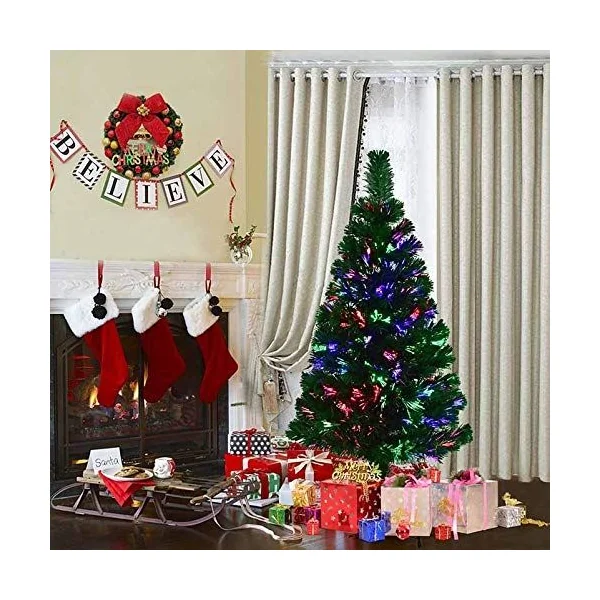 Sapin de Noël Artificiel 120 cm avec Lumières LED et Pied Arbre de Noël en PVC plastique métal, Couleur vert