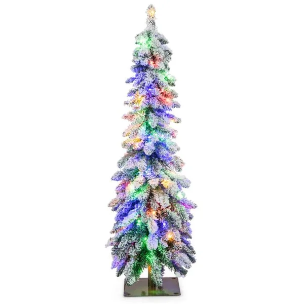 Sapin de Noël Artificiel 120 cm Fin et Floqué de Neige 225 Pointes de Branches en PVC 100 Lumières LED 2 Couleurs et 11 Modes d'Éclairage Minuterie