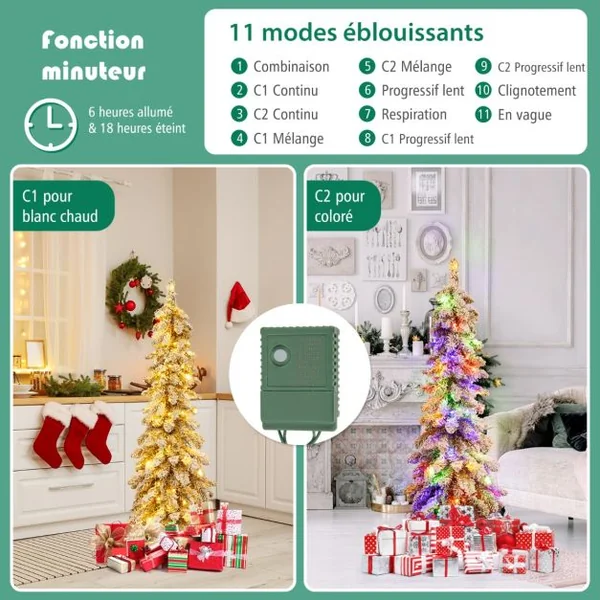 Sapin de Noël Artificiel 120 cm Fin et Floqué de Neige 225 Pointes de Branches en PVC 100 Lumières LED 2 Couleurs et 11 Modes d'Éclairage Minuterie
