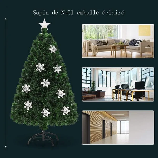 Sapin de Noël Artificiel 120cm 135 Branches Lumières LED Variation de Couleurs, Etoile à la cime, Flocon de neige, Pied