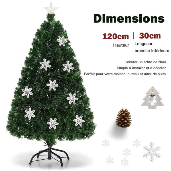 Sapin de Noël Artificiel 120cm 135 Branches Lumières LED Variation de Couleurs, Etoile à la cime, Flocon de neige, Pied