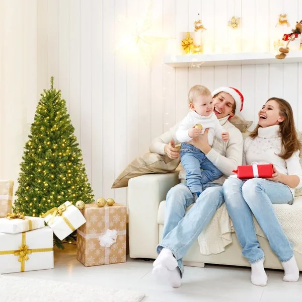 Sapin de Noël Artificiel 120cm Arbre de Noël, Lumières LED multicolore, Pied en Métal 35cm, en PVC, Vert