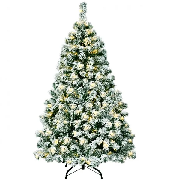Sapin de Noël Artificiel 135 cm Sapin Enneigé avec 200 Lumières LED 400 Rameaux et Support Métallique Pliable