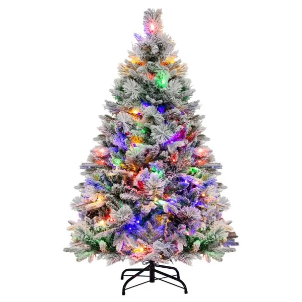 Sapin de Noël Artificiel 136 cm avec Aiguilles de Pin 472 Branches 160 Lumières LED et 26 Cônes de Pin 8 Modes d'Éclairage Décoration de Noël