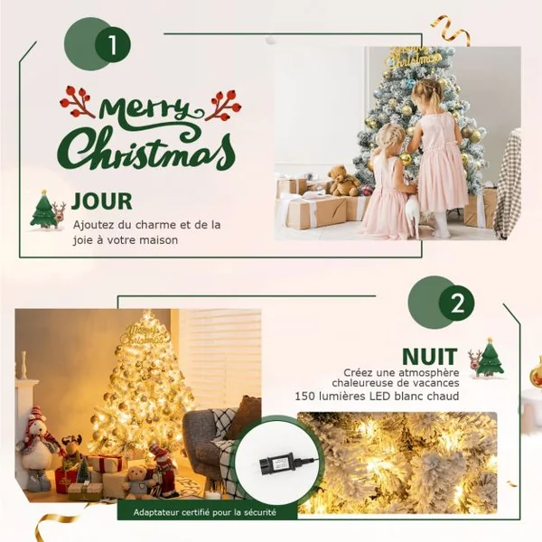 Sapin de Noël Artificiel 137cm Floqué de Neige 295 Branches 150 Lumières LED en PVC Support Métallique Pliable pour Festival