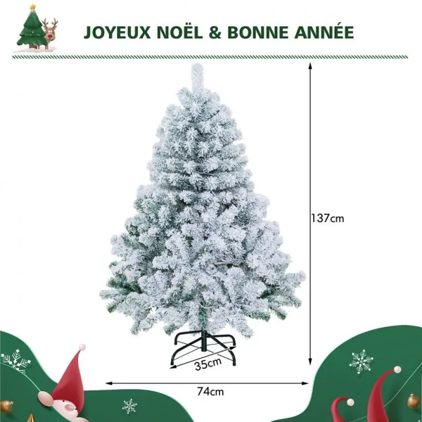 Sapin de Noël Artificiel 137cm Floqué de Neige 295 Branches 150 Lumières LED en PVC Support Métallique Pliable pour Festival