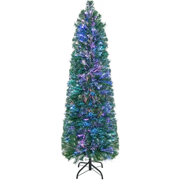 Sapin de Noël Artificiel 150 avec Fibre Optique Sapin Pré-Éclairé avec 361 Branches Support en Métal Pliable pour La Maison