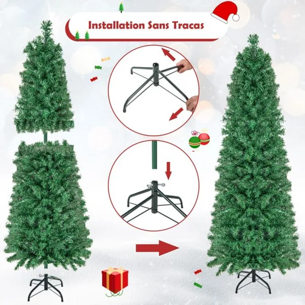 Sapin de Noël Artificiel 150 avec Fibre Optique Sapin Pré-Éclairé avec 361 Branches Support en Métal Pliable pour La Maison