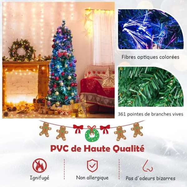Sapin de Noël Artificiel 150 avec Fibre Optique Sapin Pré-Éclairé avec 361 Branches Support en Métal Pliable pour La Maison