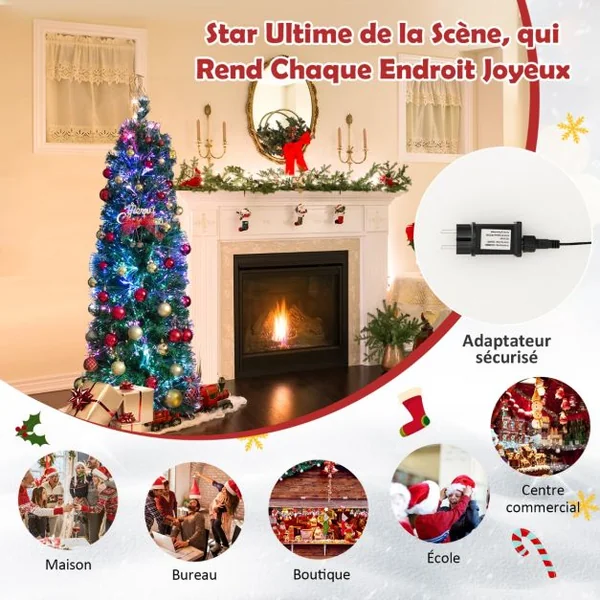 Sapin de Noël Artificiel 150 avec Fibre Optique Sapin Pré-Éclairé avec 361 Branches Support en Métal Pliable pour La Maison