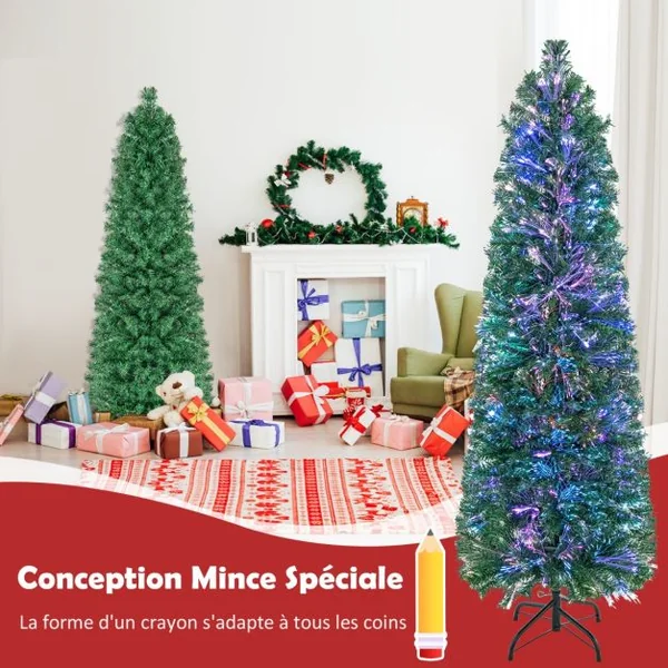 Sapin de Noël Artificiel 150 avec Fibre Optique Sapin Pré-Éclairé avec 361 Branches Support en Métal Pliable pour La Maison