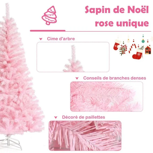 Sapin de Noël Artificiel 150 cm Arbre de Noël sans lumières avec Paillettes Arbre de Noël avec Base en Métal Rose