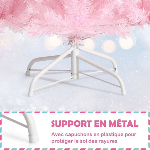 Sapin de Noël Artificiel 150 cm Arbre de Noël sans lumières avec Paillettes Arbre de Noël avec Base en Métal Rose