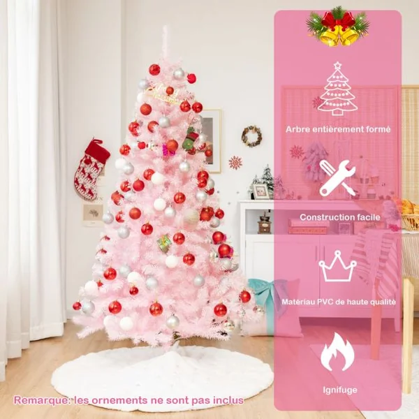 Sapin de Noël Artificiel 150 cm Arbre de Noël sans lumières avec Paillettes Arbre de Noël avec Base en Métal Rose