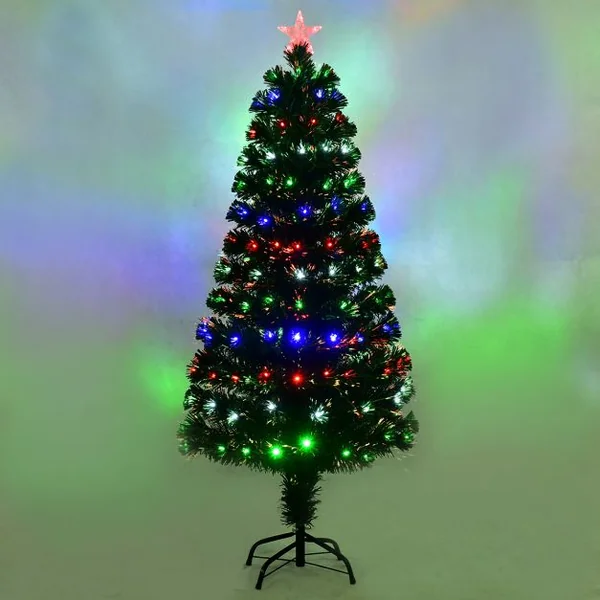 Sapin de Noël Artificiel 150 cm avec Lumières LED colorées et Pied Arbre de Noël en PVC plastique métal, Couleur vert