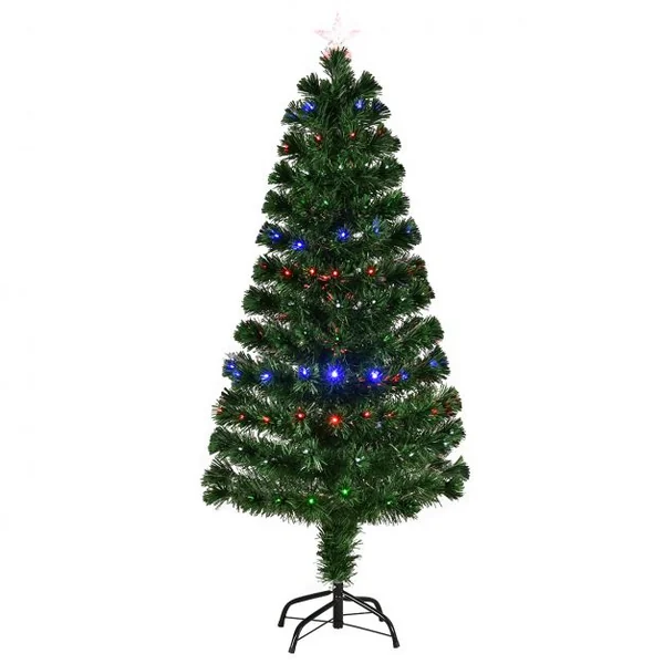 Sapin de Noël Artificiel 150 cm avec Lumières LED colorées et Pied Arbre de Noël en PVC plastique métal, Couleur vert