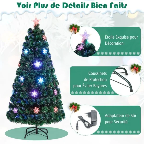 Sapin de Noël Artificiel 150 cm avec Lumières LED et Pied Arbre de Noël en PVC plastique métal avec flocon de neige, Vert