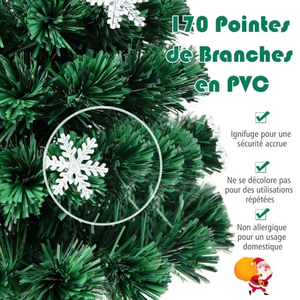 Sapin de Noël Artificiel 150 cm avec Lumières LED et Pied Arbre de Noël en PVC plastique métal avec flocon de neige, Vert