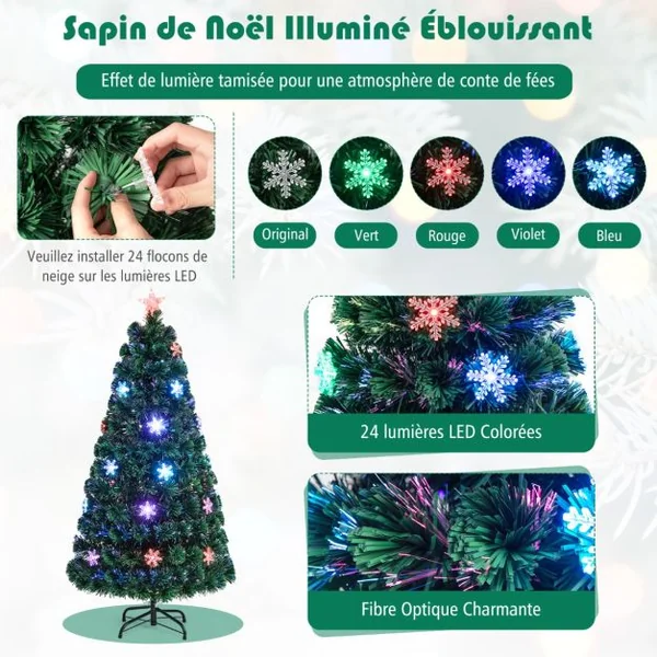 Sapin de Noël Artificiel 150 cm avec Lumières LED et Pied Arbre de Noël en PVC plastique métal avec flocon de neige, Vert