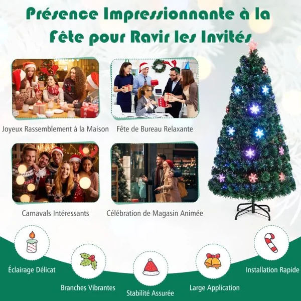 Sapin de Noël Artificiel 150 cm avec Lumières LED et Pied Arbre de Noël en PVC plastique métal avec flocon de neige, Vert