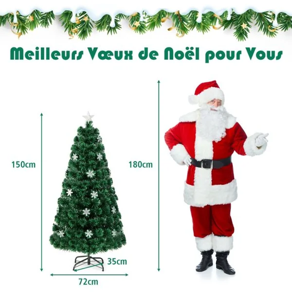 Sapin de Noël Artificiel 150 cm avec Lumières LED et Pied Arbre de Noël en PVC plastique métal avec flocon de neige, Vert
