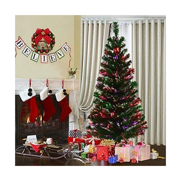 Sapin de Noël Artificiel 150 cm avec Lumières LED et Pied Arbre de Noël en PVC plastique métal, Couleur vert