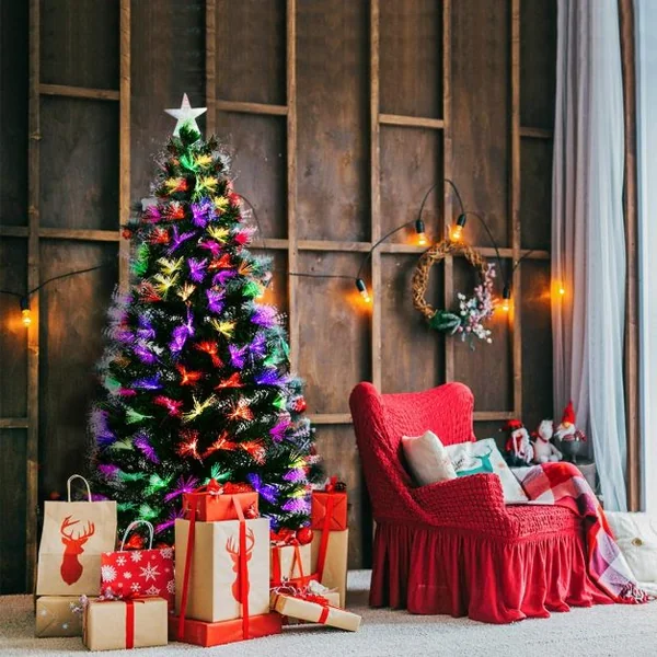 Sapin de Noël Artificiel 150 cm avec Lumières LED multicolores et Pied Arbre de Noël en PVC plastique métal, vert