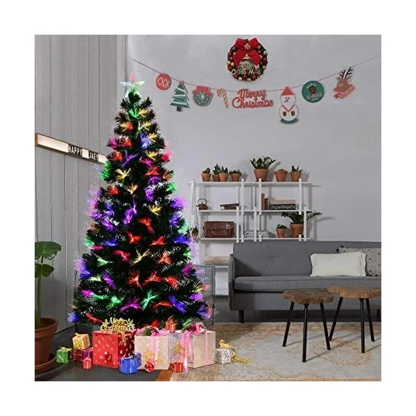 Sapin de Noël Artificiel 150 cm avec Lumières LED multicolores et Pied Arbre de Noël en PVC plastique métal, vert