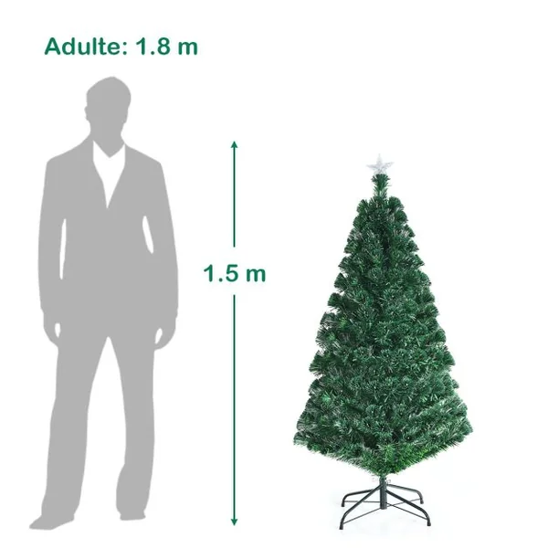 Sapin de Noël Artificiel 150cm 180 Branches Lumières LED à Variation de 6 Couleurs, avec étoile à la cime et pied