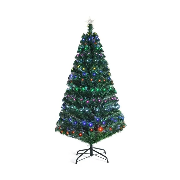 Sapin de Noël Artificiel 150cm 180 Branches Lumières LED à Variation de 6 Couleurs, avec étoile à la cime et pied