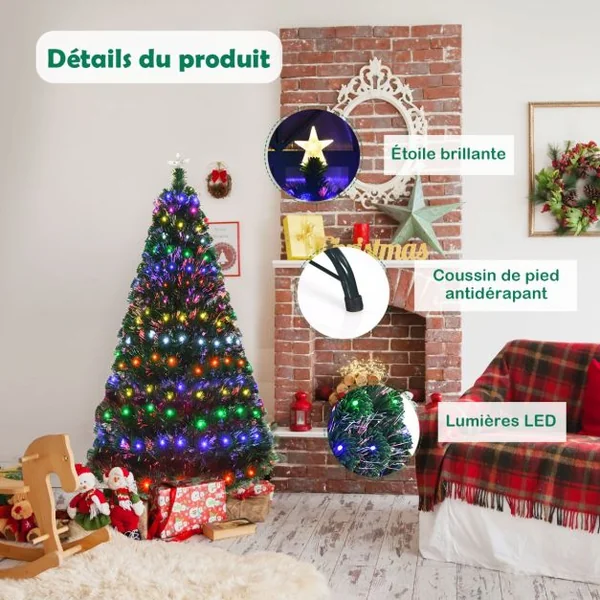 Sapin de Noël Artificiel 150cm 180 Branches Lumières LED à Variation de 6 Couleurs, avec étoile à la cime et pied