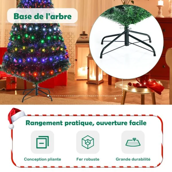 Sapin de Noël Artificiel 150cm 180 Branches Lumières LED à Variation de 6 Couleurs, avec étoile à la cime et pied