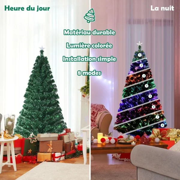 Sapin de Noël Artificiel 150cm 180 Branches Lumières LED à Variation de 6 Couleurs, avec étoile à la cime et pied