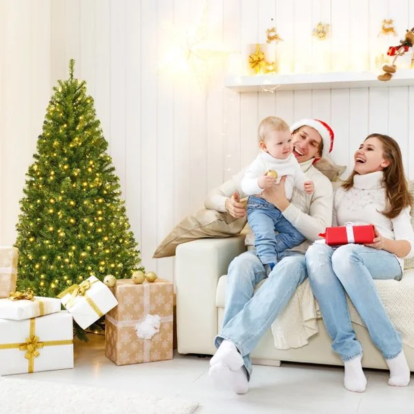 Sapin de Noël Artificiel 150cm Arbre de Noël, Lumières LED multicolore, Pied en Métal 40cm, en PVC, Vert