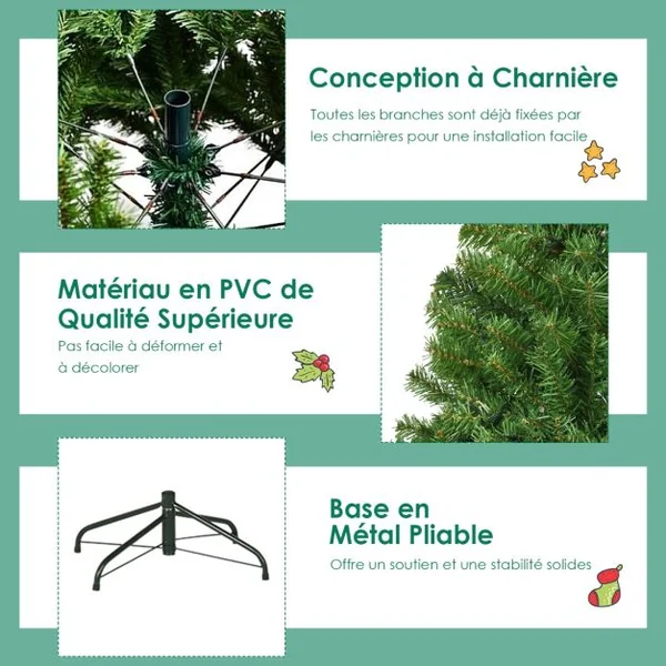 Sapin de Noël Artificiel 150cm Arbre de Noël, Lumières LED multicolore, Pied en Métal 40cm, en PVC, Vert